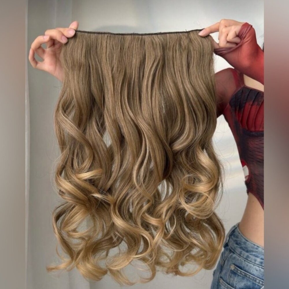 20” Human Hair Blend Clip-In Extensions – Wavy Natural Brown with Caramel Ombre